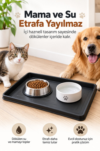 MİNUZ Kedi Köpek Mama Su Kabı Altlığı Yüksek Kenarlı Hazneli Tepsi Su ve Mama...