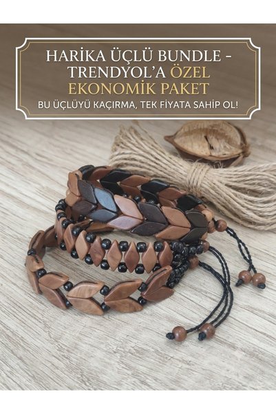 Altın express Men's Natural Wooden Beaded 3-Piece Bracelet Set - Adjustable Handmade Masculine Accessory Combination