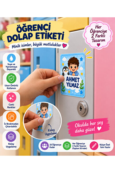 OnurStore Kişiye Özel Öğrenci Dolap Etiketi 6x9 cm – 25 Öğrenciye Kadar – 50 Adet İsimli Sticker