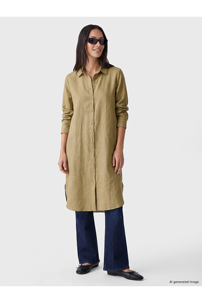 LC Waikiki Ozmarka New Season Brown Oversize 100% Linen Women's Shirt Tunic