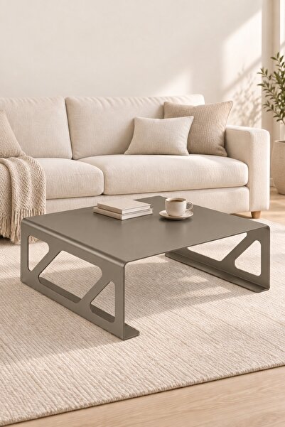 Kare Paslanmaz Çelik Orta Sehpa - 80x80 cm - Geometrik Kesim Çelik Gövdeli Modern Sehpa - Metal Salon Sehpası