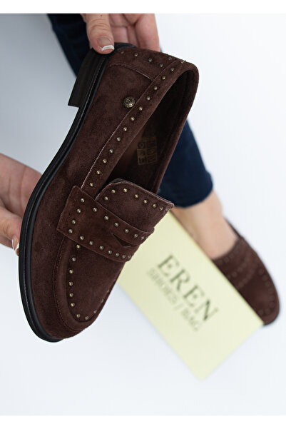 Mammamia 5535 Eren Shoes&Bag Genuine Leather Suede Pin Detailed Low Heeled Da...