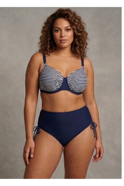 Lacivert Çizgili Yüksek Bel Bikini Takımı