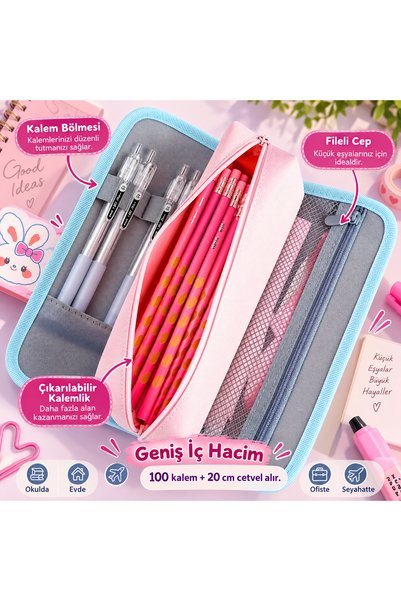 BABUN Puppy Patterned Large Capacity Multi-Compartment Girls' Checkered Rabbit Sheep Pink Purple Primary School Secondary School Organizer Pencil Holder Pencil Case