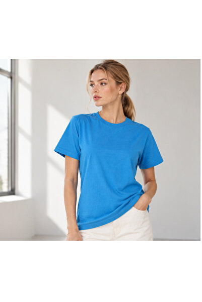 Kadın Bisiklet Yaka Kısa Kollu Basic T-Shirt Turkuaz
