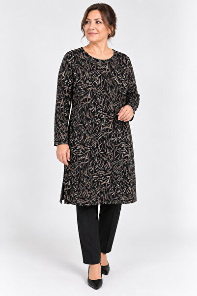 NECO GİYİM Women's Mom Tunic Black Beige Patterned Long Sleeve Plus Size Rela...
