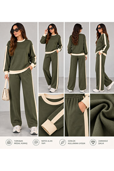 LEONE KOLEKSİYON Women's Premium Modal Garnished Comfortable Cut Wide Leg Two-Piece Set