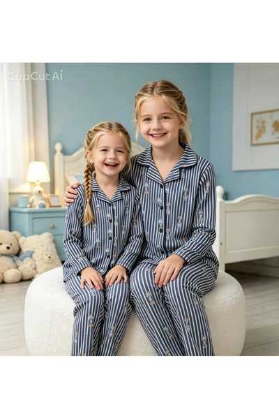 NiCe İç Giyim Girls' Striped Teddy Bear Pattern Pajama Set - Relaxed Fit, Lon...