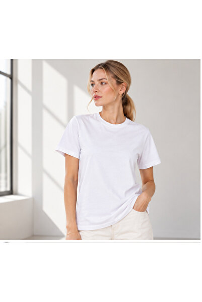 Kadın Bisiklet Yaka Kısa Kollu Basic T-Shirt Beyaz