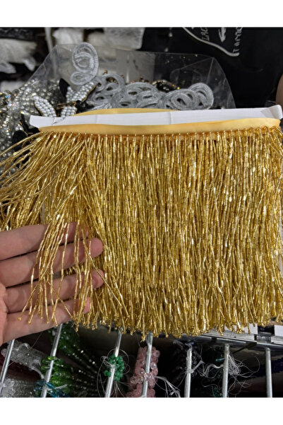 Gold Boncuklu Saçak Şerit 1 Metre | Uzun Sallantılı Boncuk Püskül Gelinlik Abiye Dikim Aksesuarı