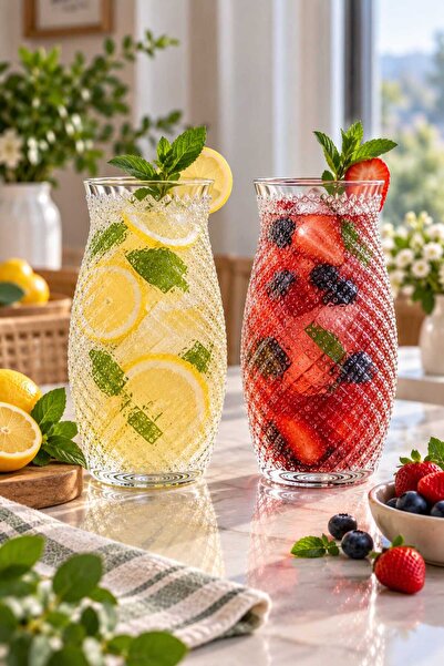 Luna 2'li Şeffaf Dokulu Cam Bardak Meşrubat Seti 780 ml