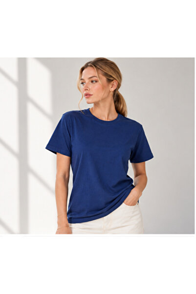 Kadın Bisiklet Yaka Kısa Kollu Basic T-Shirt İndigo