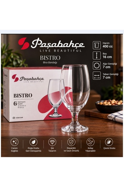 Paşabahçe Bistro Footed 6-Piece B. Ra Glass Set, 400 Cc Volume, 16 cm Height,...