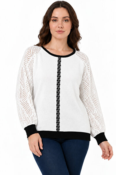 EtkiModa Women's Glittery Knitwear Blouse with Stone Stripe Detail on the Front