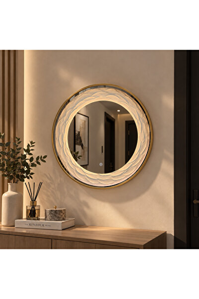 Binshihon Home مرآة دائرية فاخرة بإضاءة LED دافئة وإطار ذهبي أنيق بتصميم عصري...