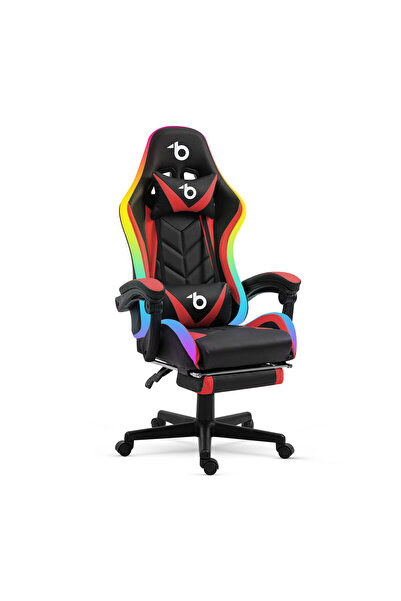 Bemada Scaun gaming RGB LED cu perne si cotiere, reglabil, negru rosu, ilumin...