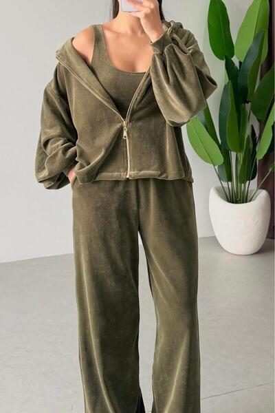 Suziş SET TRIO DE CATIFEA CU GLUGĂ, CULOARE KHAKI PER0097