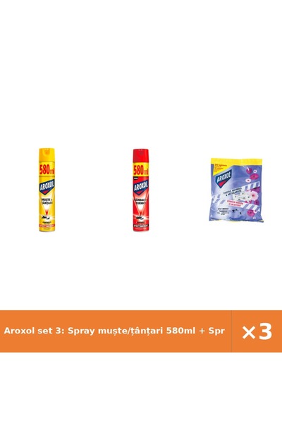 Aroxol set 3: Spray muște/țânțari 580ml + Spray gândaci/furnici + Pastile ant...
