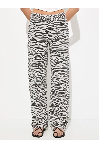 Noravelle Kadın Zebra Desenli Yüksek Bel Wide Leg Denim Jean Pantolon