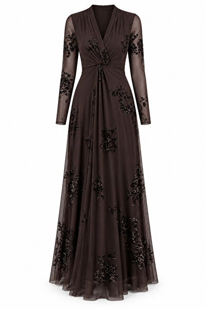 Dilay Gökoğlu Butik Double-Breasted Collar Patterned Glittery Maxi Tulle Slit Brown Dress