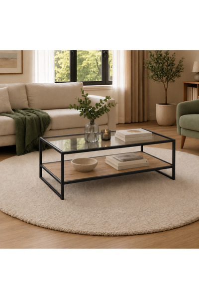 Home Lizbon Siyah Metal Orta Sehpa Şeffaf Cam Atlantik çam Ahşap