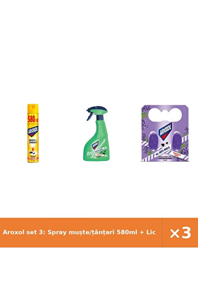 Aroxol set 3: Spray muște/țânțari 580ml + Lichid instant + Gel antimolii lava...