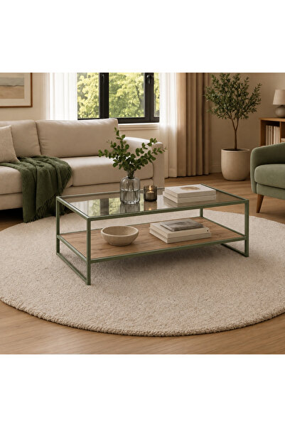 Home Lizbon Yeşil Metal Orta Sehpa Şeffaf Cam Atlantik çam Ahşap