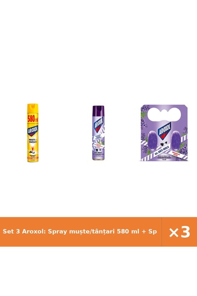 Aroxol Set 3 Aroxol: Spray muște/tânțari 580 ml + Spray antimolii 250 ml + Ge...
