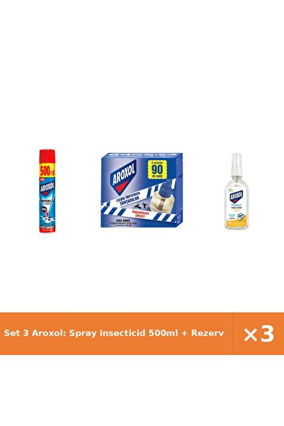 Aroxol Set 3 Aroxol: Spray insecticid 500ml + Rezervă tânțari 2x45ml + Soluți...