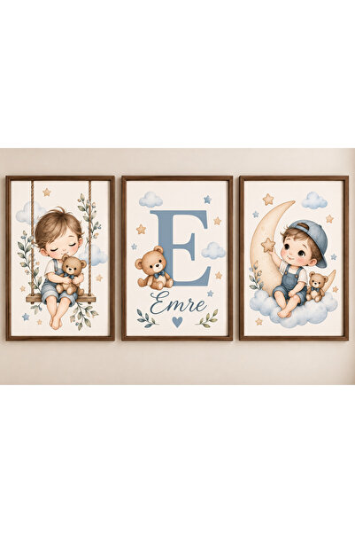 Kişiye Özel İsimli Çocuk Odası Duvar Tablosu 3’lü Set – UV Baskılı 21x27 cm Dekoratif Çerçeve Görünümlü Tablo