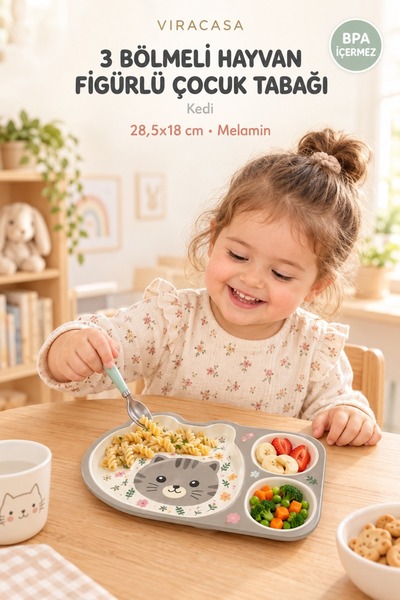 viracasa Hayvan Figürlü 3 Bölmeli Çocuk Tabağı Melamin Mama Beslenme Tabağı B...