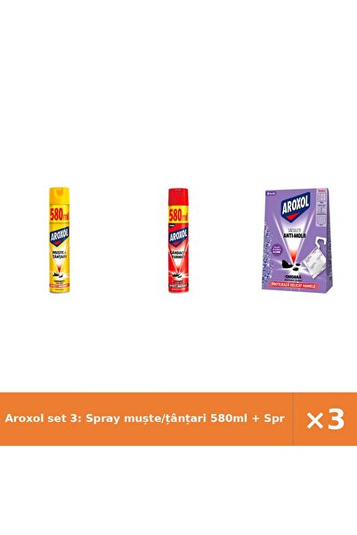 Aroxol set 3: Spray muște/țânțari 580ml + Spray gândaci/furnici + Săculeți an...