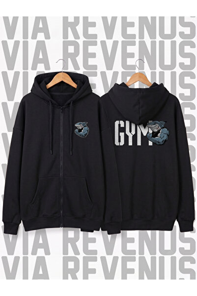 Vordevia Gym Muscle Shark Printed Unisex Zippered Hooded Sweatshirt Cardigan