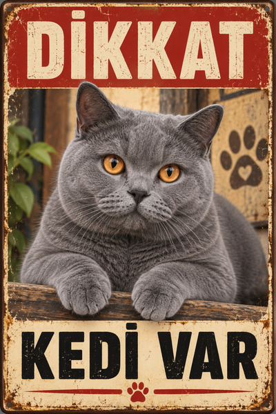 Lucena British Blue Caution Cat Is Present Retro Metal Wall Sign Cat Decorati...
