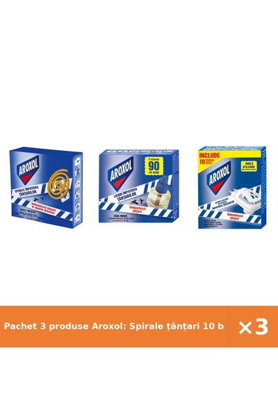 Aroxol Pachet 3 produse Aroxol: Spirale țânțari 10 buc + Rezervă lichidă 2x45...