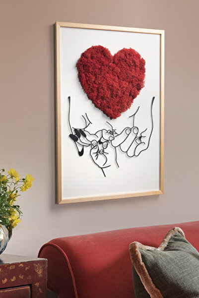 DEKORENZO Şoklanmış Yosun Tablo Kalp ve Eller 35x50 cm Kırmızı Ahşap