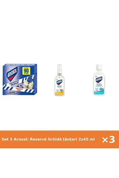 Aroxol Set 3 Aroxol: Rezervă lichidă țânțari 2x45 ml + soluție lichidă insect...