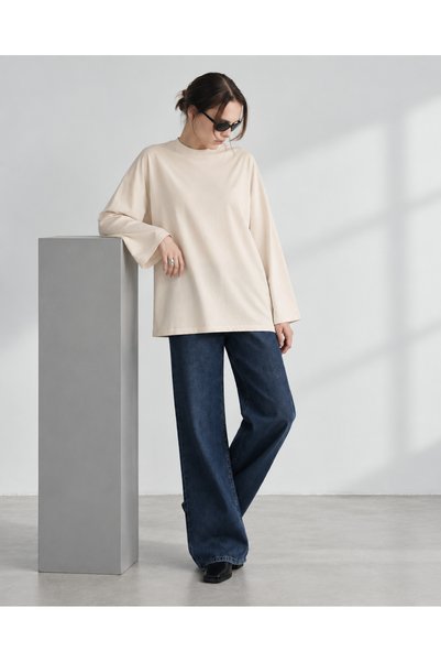 Yefrastore Women's Cream Cotton Crew Neck Long Sleeve Oversize Basic T-Shirt