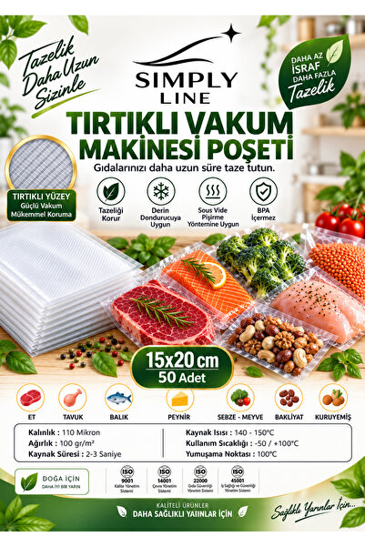 simply line Tırtıklı Vakum Makinesi Poşeti – Gıda ile Temasa Uygun, PA/PE Yap...