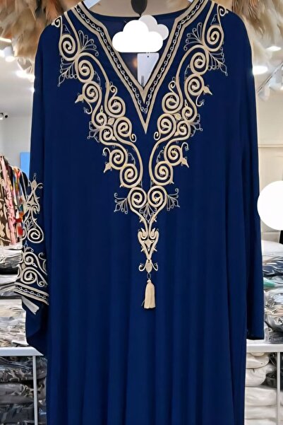 elegantwomen Viskon Nakışlı Tesettür Elbise Uzun Bol Kesim İç Göstermeyen Standart Beden