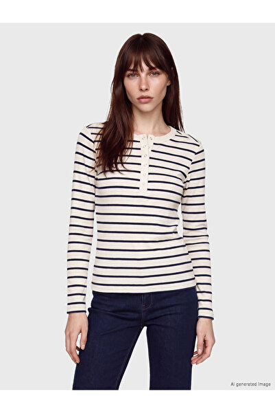 LC Waikiki Lcw Everyday Navy Blue Crew Neck Striped Women's Bodysuit