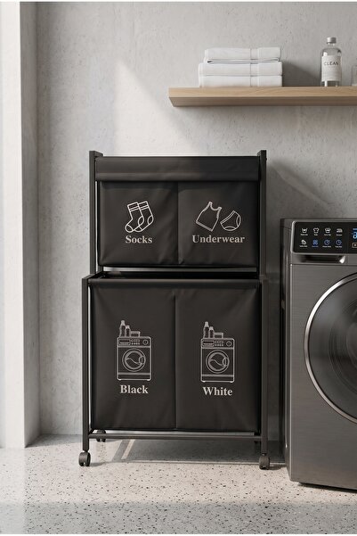 miyuhome Tekerlekli Metal 2 Katlı 4 Bölmeli Baskılı Çamaşır Sepeti 140+40 LT ...