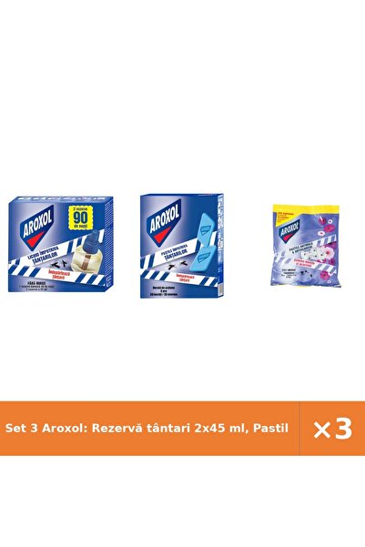Aroxol Set 3 Aroxol: Rezervă tântari 2x45 ml, Pastile tântari aparat 30 buc, ...