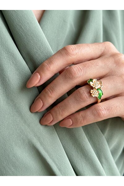 ILSA White and Peach Color Enamel Enameled Flower with Green Enamel Leaves Ad...
