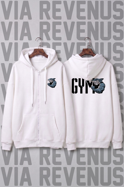 Vordevia Gym Muscle Shark Printed Unisex Zippered Hooded Sweatshirt Cardigan