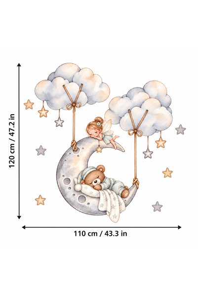 MaisonVelinCo Sleepy Bear and Moon Fairy Children's Room Wall Sticker Set – Clouds and Stars, 110 X 120 cm