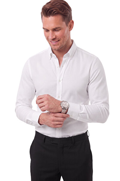 DeepSEA Men's 97% Cotton Slim Fit Honeycomb Textured Lycra Knitted White Shir...