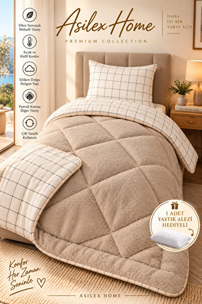 Asilex Home Collection Single Welsoft Quilt Beige Checkered Patterned Silicon...