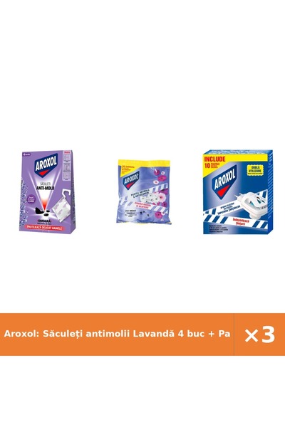 Aroxol : Săculeți antimolii Lavandă 4 buc + Pastile antiacarieni 20 buc + Apa...