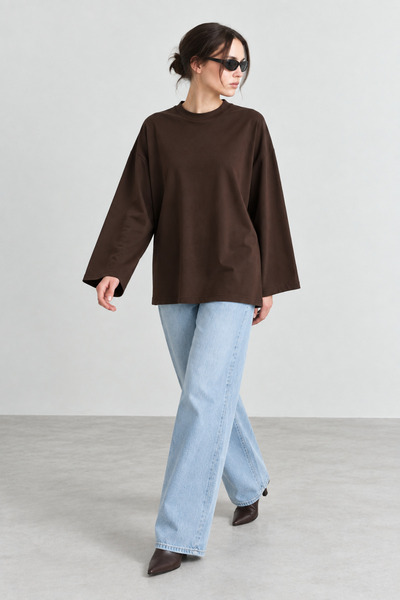Yefrastore Kadın Kahverengi Pamuklu Bisiklet Yaka Uzun Kollu Oversize Basic T...